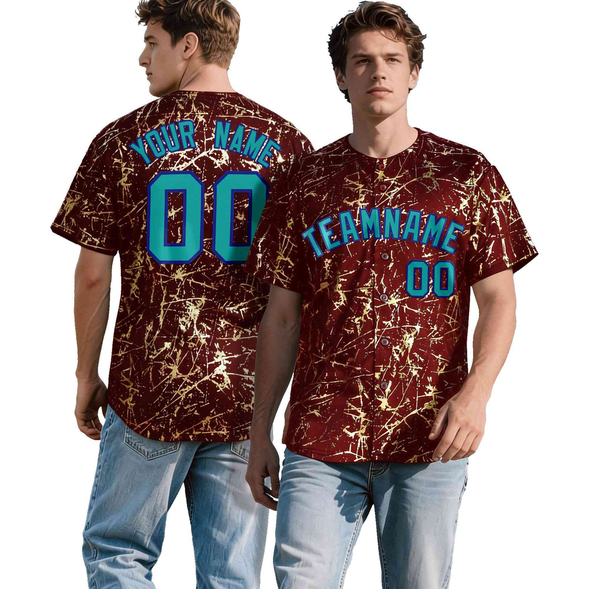 Custom Crimson Aqua Black&amp;Gold Marble Print Clubwear Party Streetwear Baseball Jersey