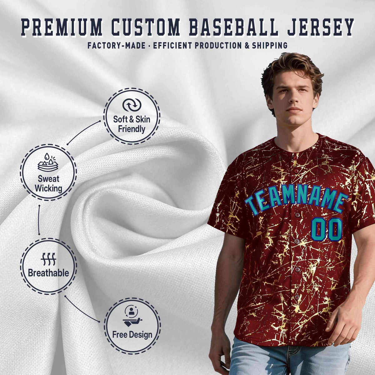 Custom Crimson Aqua Black&amp;Gold Marble Print Clubwear Party Streetwear Baseball Jersey