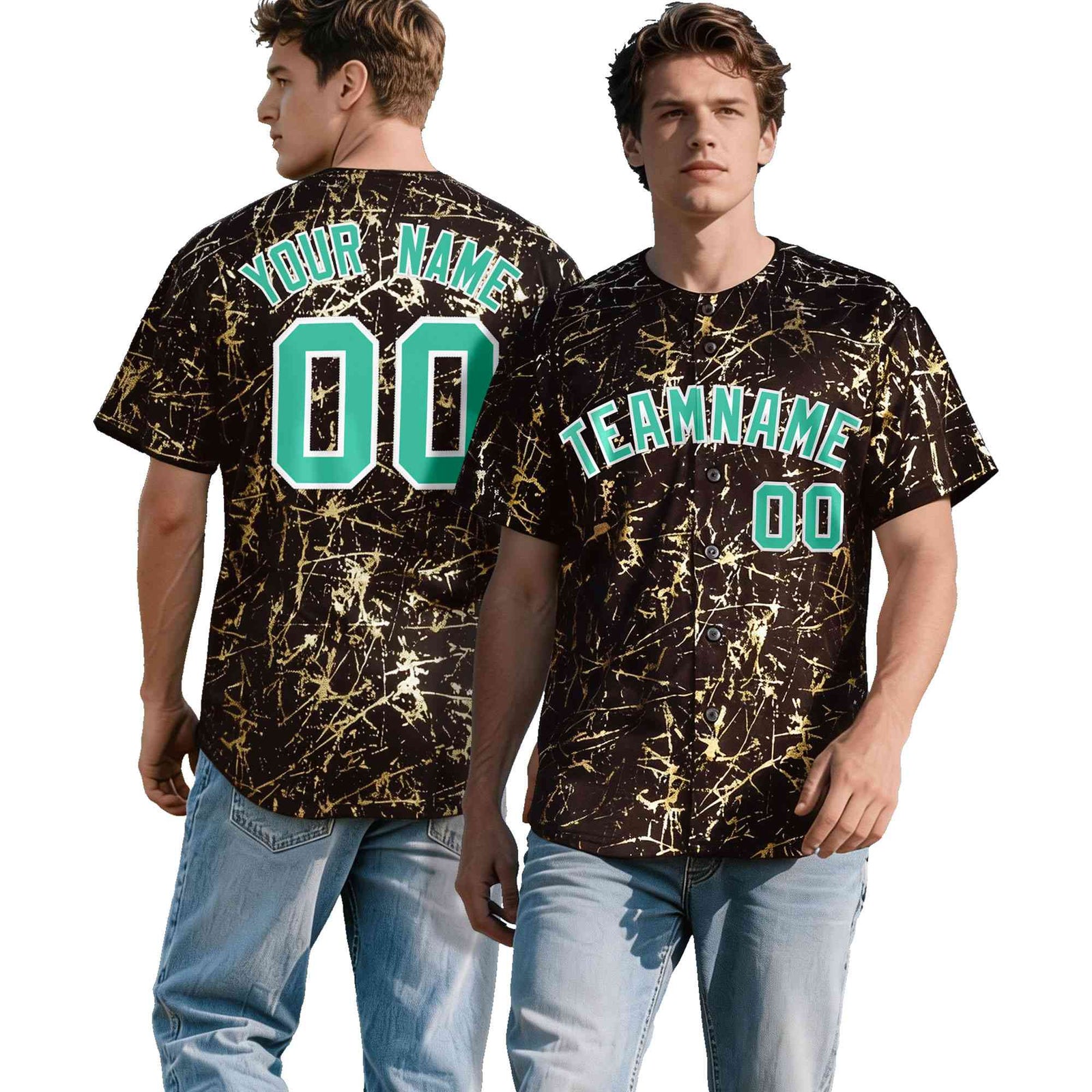Custom Crimson Bright Green Metallic Gold Splatter Urban Streetwear Baseball Jersey