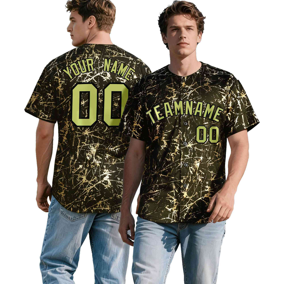 Custom Olive Champagne Black&amp;Gold Marble Print Clubwear Party Streetwear Baseball Jersey