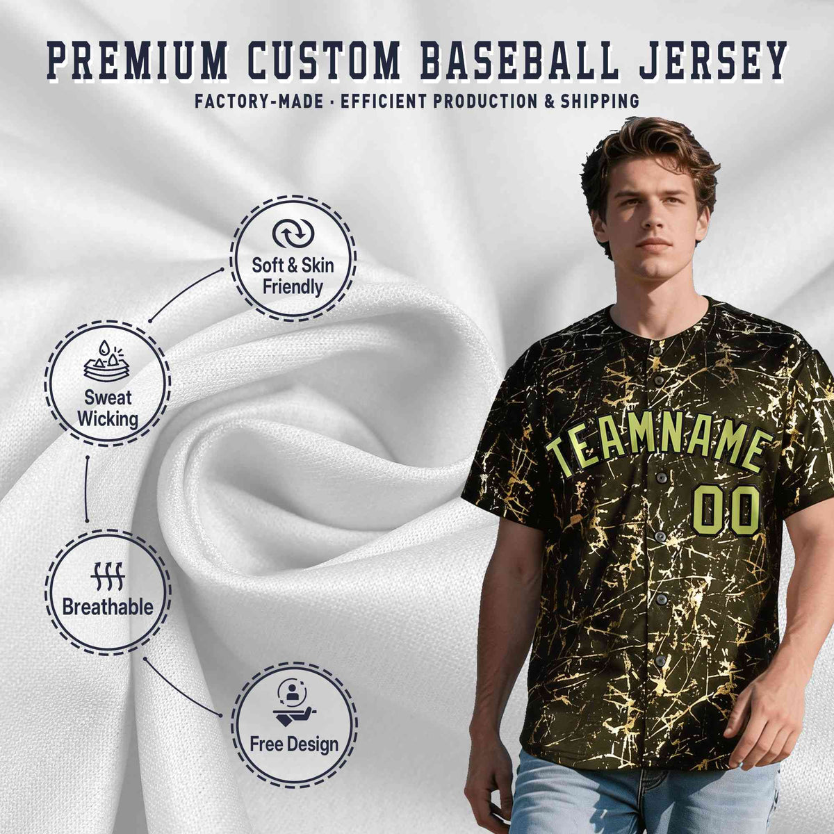 Custom Olive Champagne Black&amp;Gold Marble Print Clubwear Party Streetwear Baseball Jersey