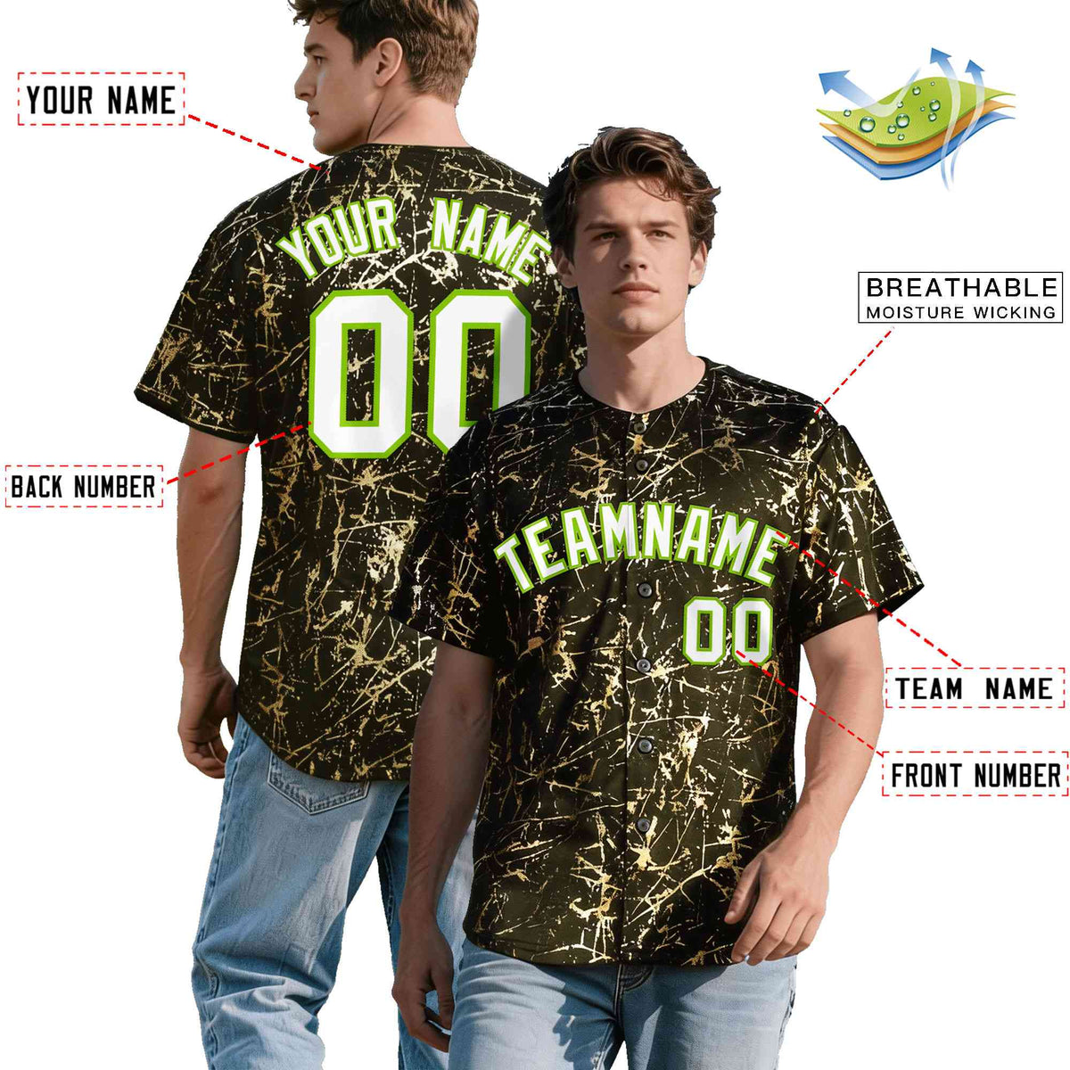 Custom Olive White Black&amp;Shiny Gold Cracked Foil Breathable Mesh Streetwear Baseball Jersey