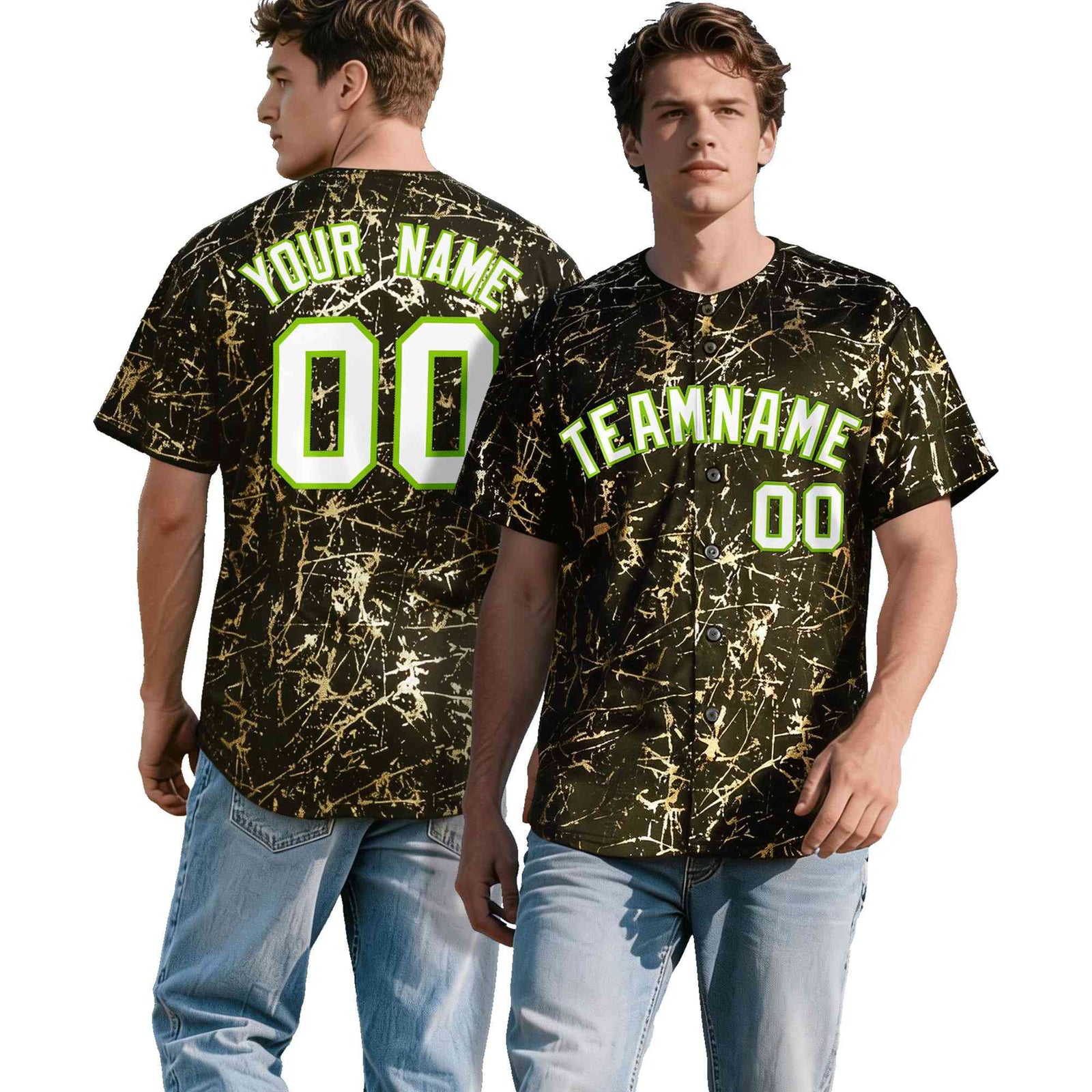Custom Olive White Black&Shiny Gold Cracked Foil Breathable Mesh Streetwear Baseball Jersey