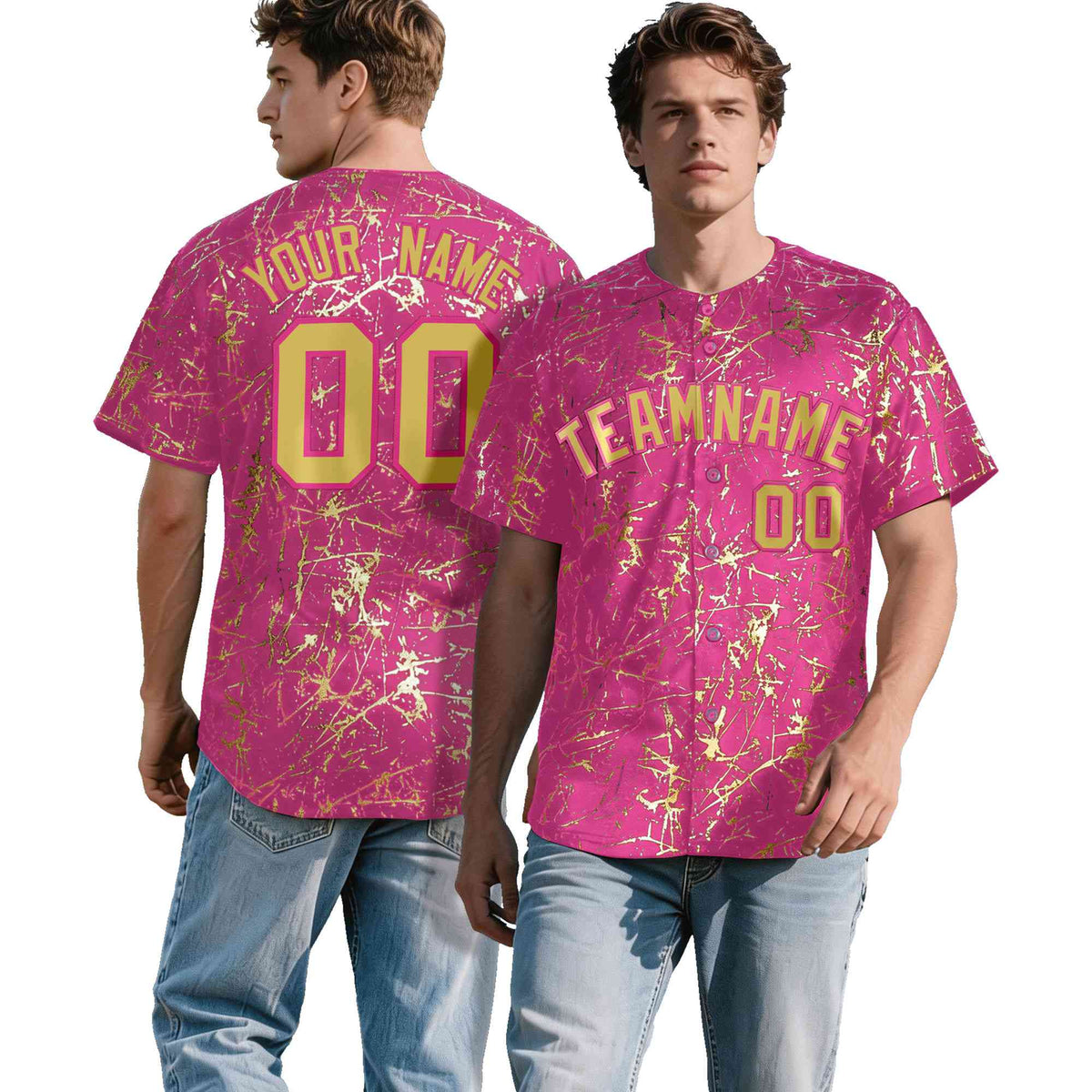 Custom Pink Old Gold Black&amp;Shiny Gold Cracked Foil Hip Hop Button Down Baseball Jersey