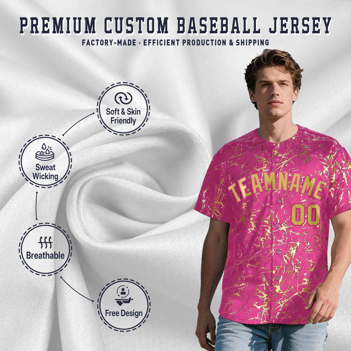 Custom Pink Old Gold Black&amp;Shiny Gold Cracked Foil Hip Hop Button Down Baseball Jersey
