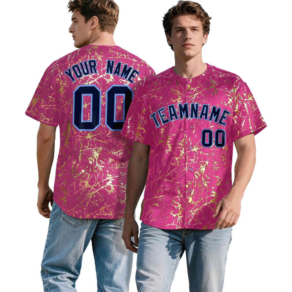 Custom Pink Navy Metallic Gold Splatter Breathable&amp;Wrinkle-Resistant Baseball Jersey