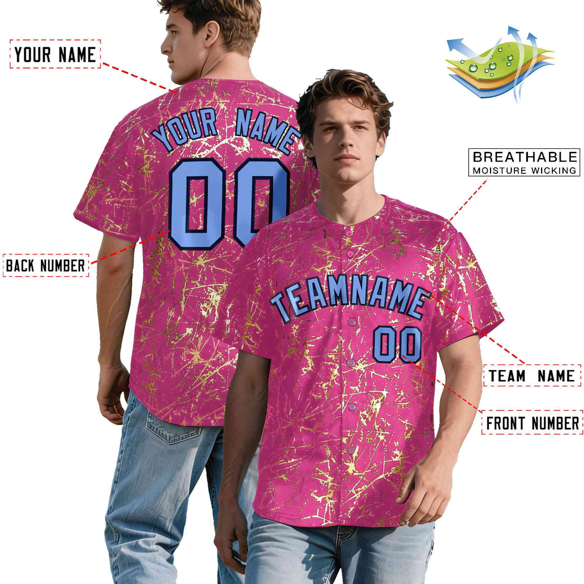 Custom Pink Light Blue Black&amp;Gold Marble Print Clubwear Party Streetwear Baseball Jersey