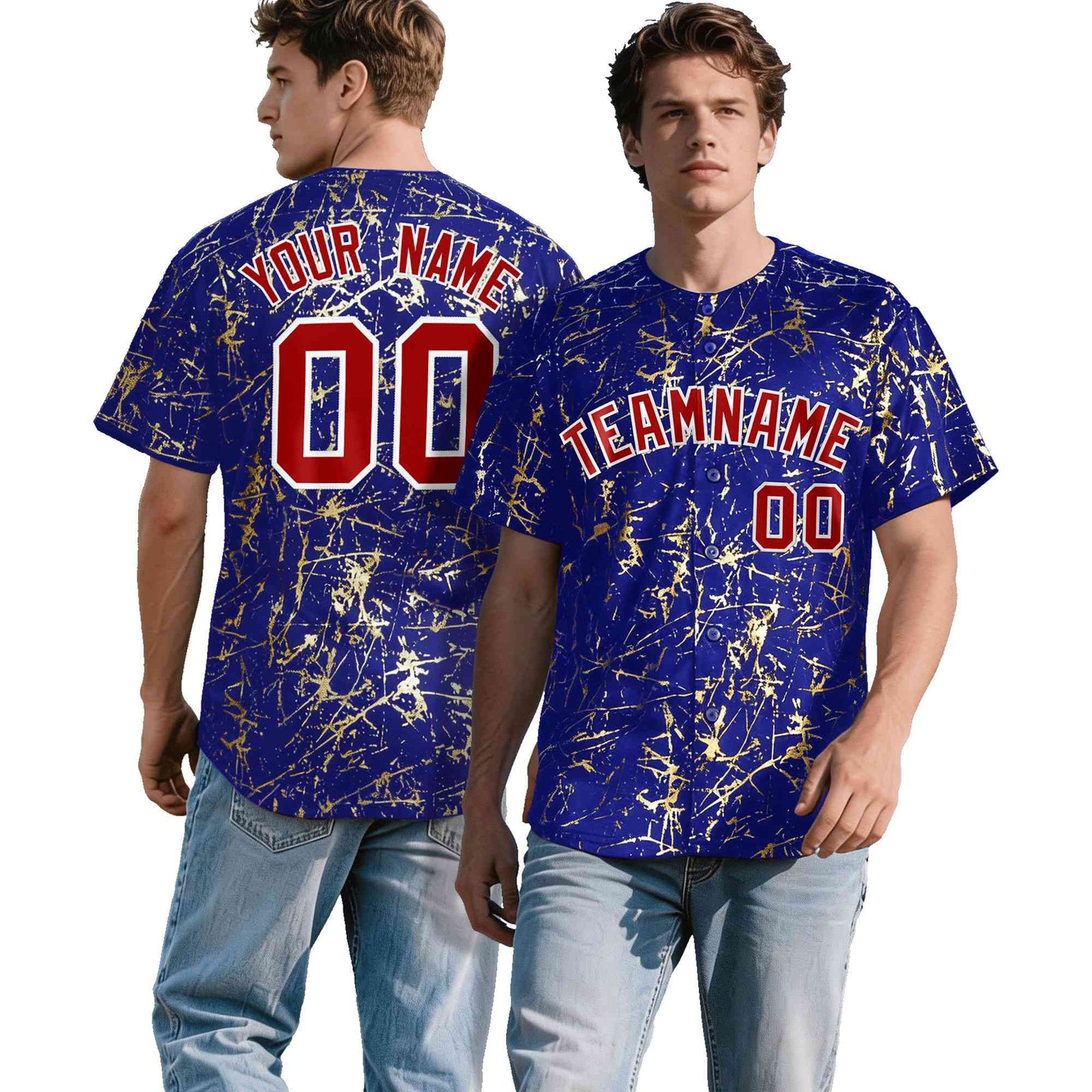 Custom Royal Red Metallic Gold Splatter Breathable&Wrinkle-Resistant Baseball Jersey