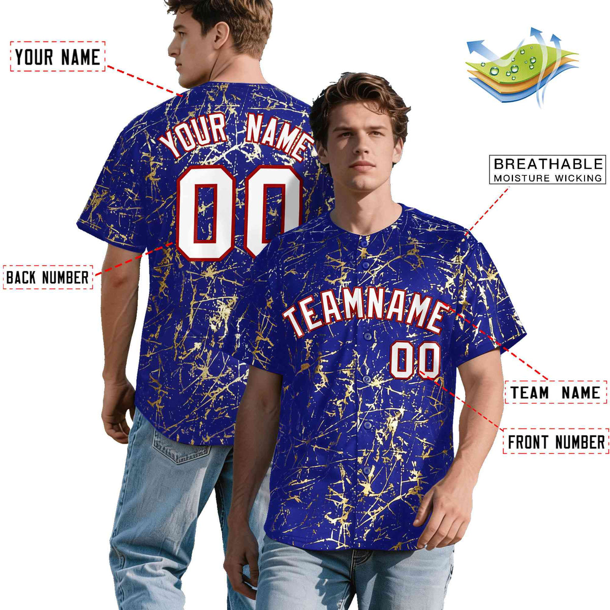 Custom Royal White Black&amp;Gold Marble Print Clubwear Party Streetwear Baseball Jersey