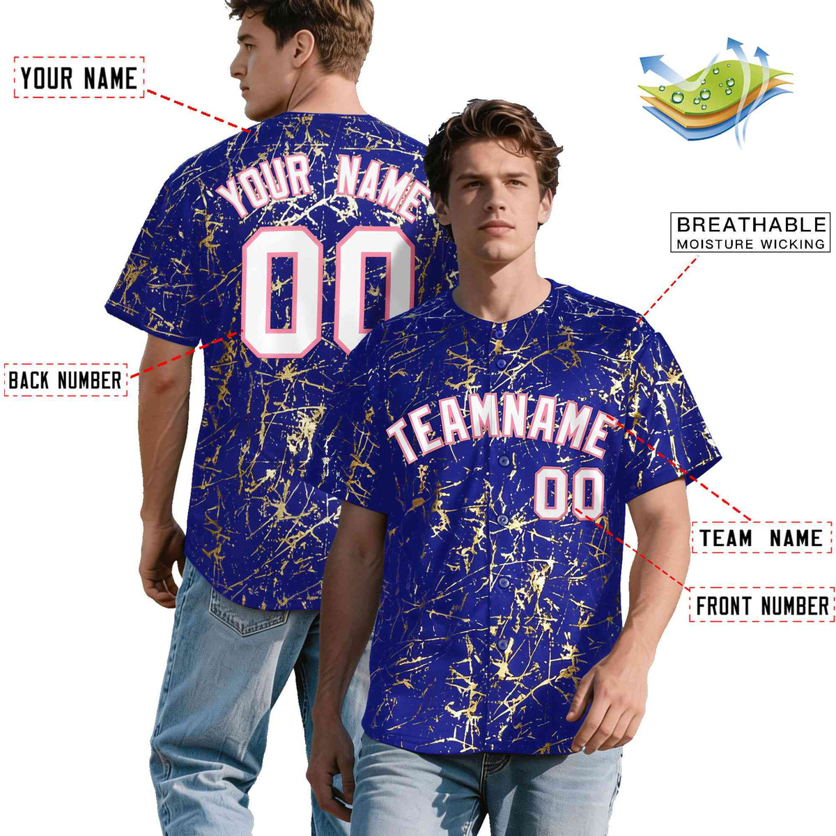 Custom Royal White Black&amp;Shiny Gold Cracked Foil Breathable Mesh Streetwear Baseball Jersey