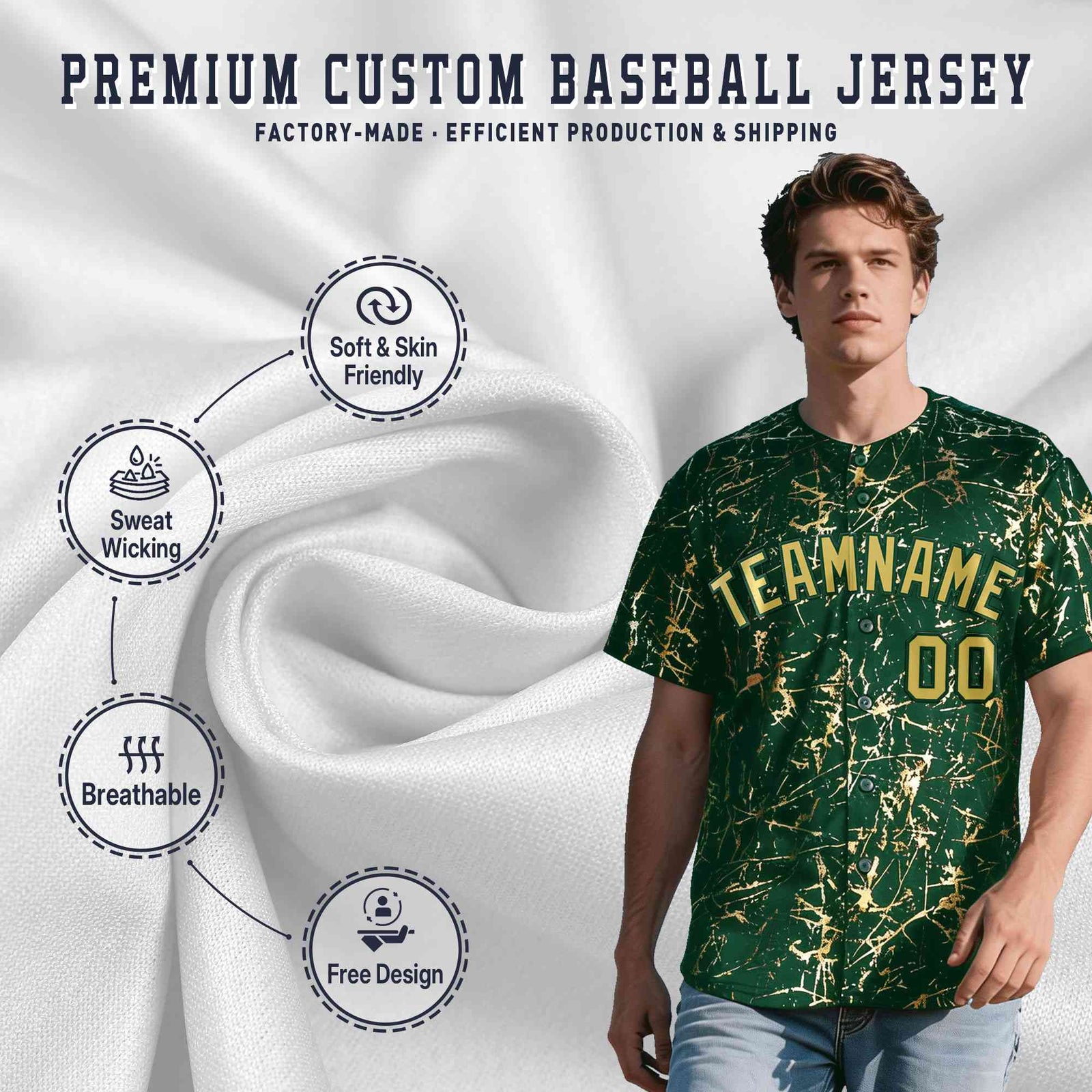 Custom Green Old Gold Black&Shiny Gold Cracked Foil Hip Hop Button Down Baseball Jersey