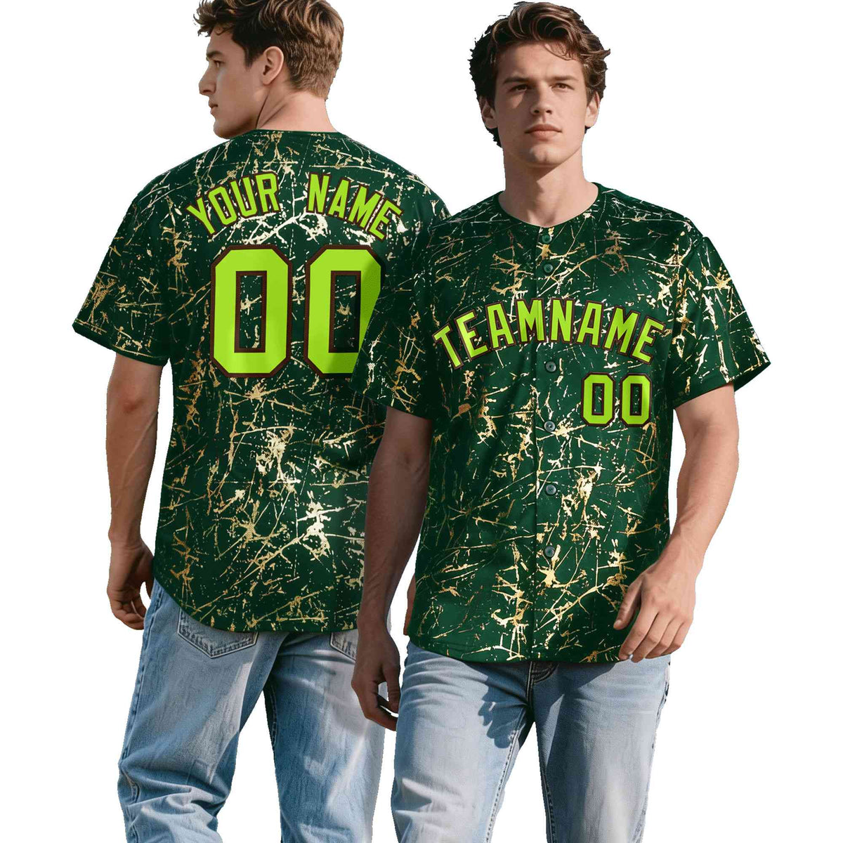 Custom Green Neon Green Black&amp;Gold Marble Print Clubwear Party Streetwear Baseball Jersey