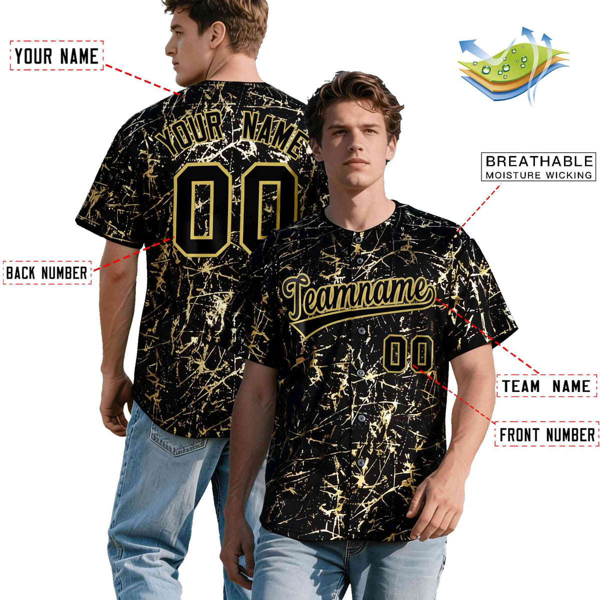 Custom Black Old Gold Black&amp;Shiny Gold Cracked Foil Hip Hop Button Down Baseball Jersey| KXKSHOP