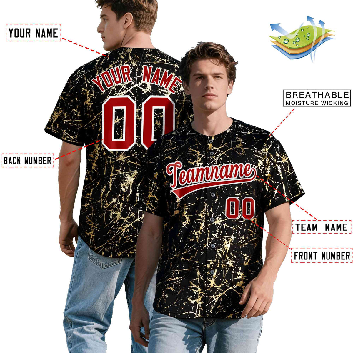 Custom Black Red Metallic Gold Splatter Breathable&amp;Wrinkle-Resistant Baseball Jersey| KXKSHOP