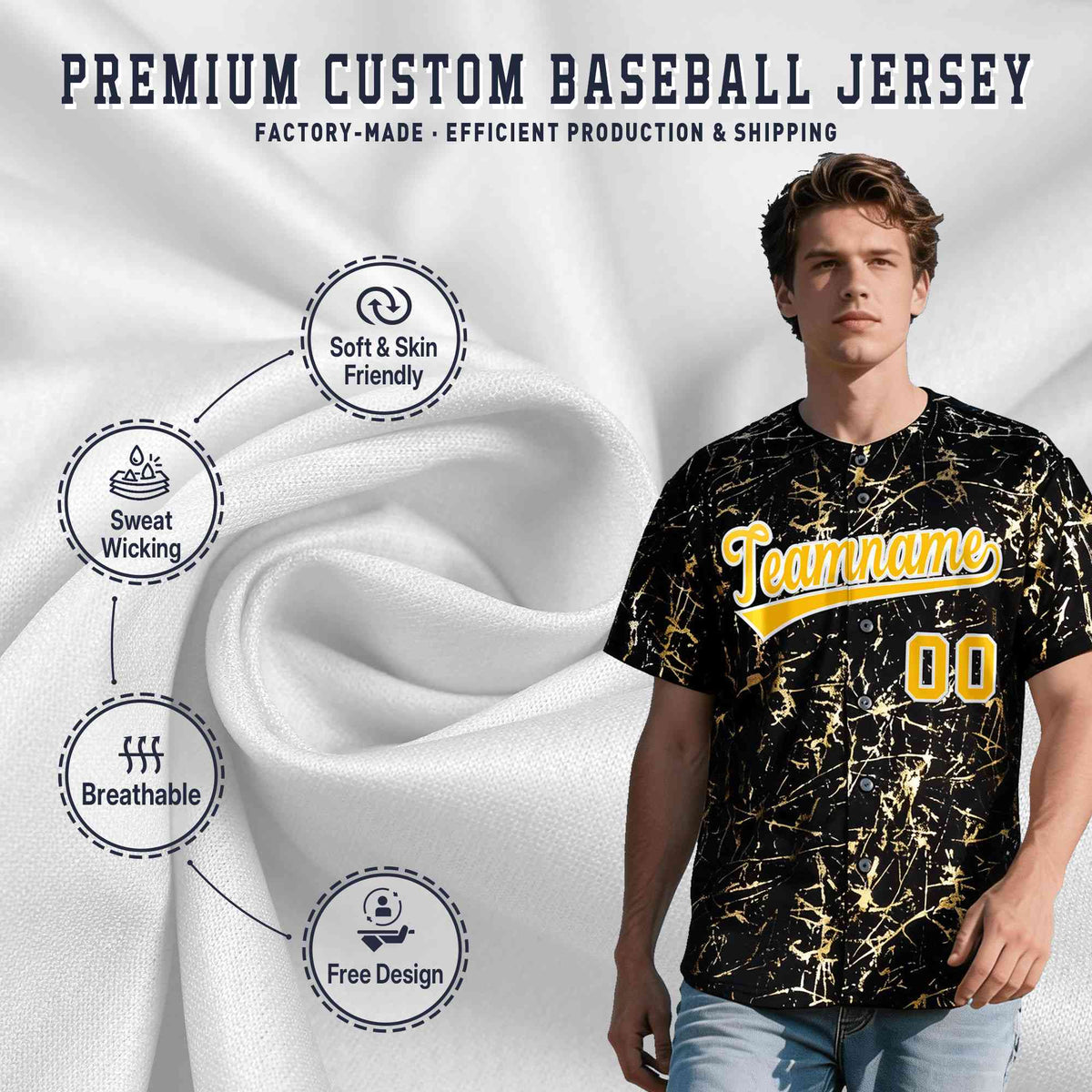 Custom Black Yellow Shiny Gold Cracked Texture Baseball Jersey| KXKSHOP