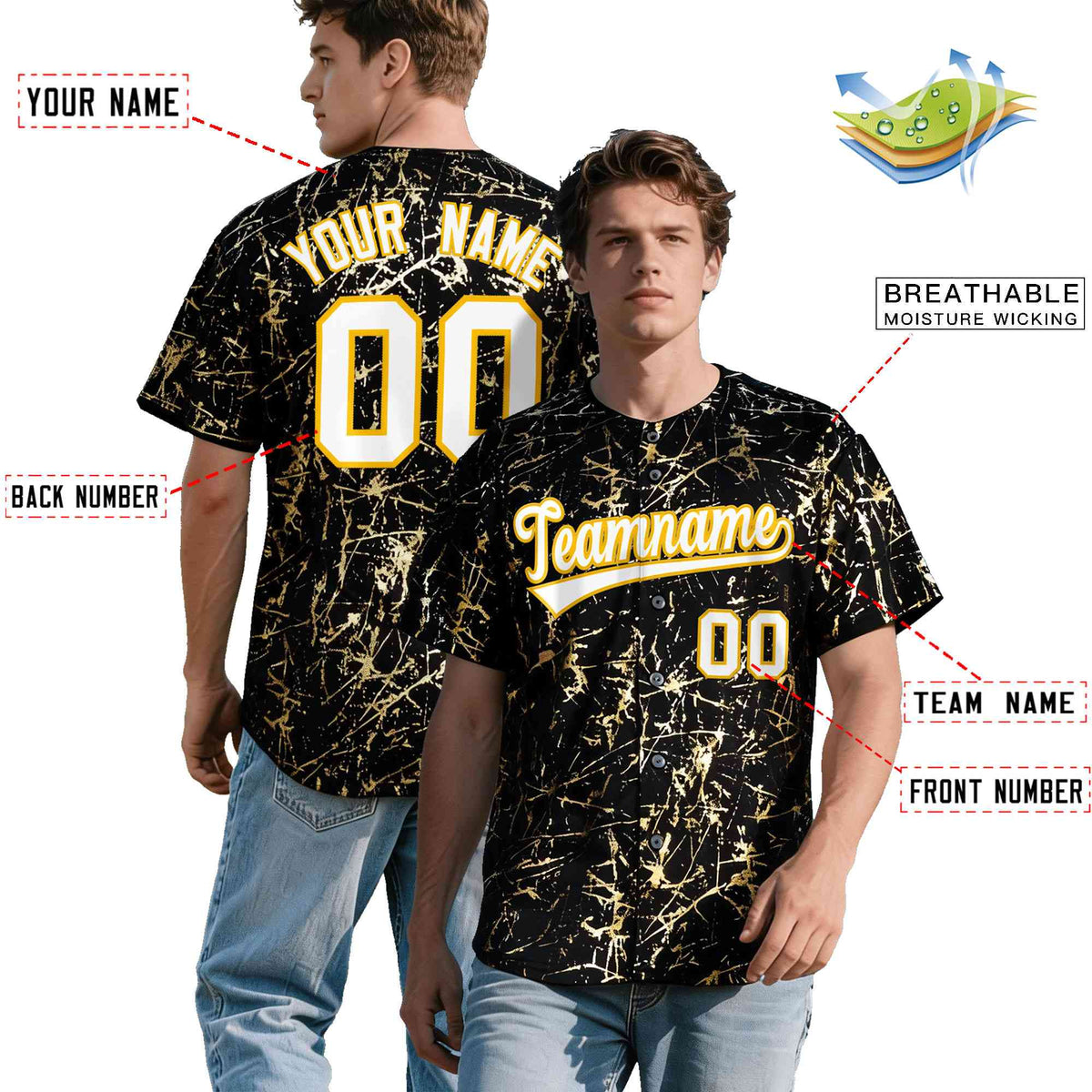 Custom Black White Black&amp;Shiny Gold Cracked Foil Hip Hop Button Down Baseball Jersey| KXKSHOP