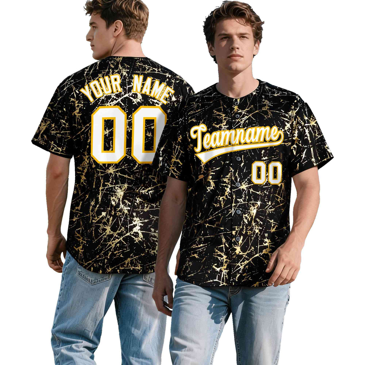 Custom Black White Black&amp;Shiny Gold Cracked Foil Hip Hop Button Down Baseball Jersey| KXKSHOP