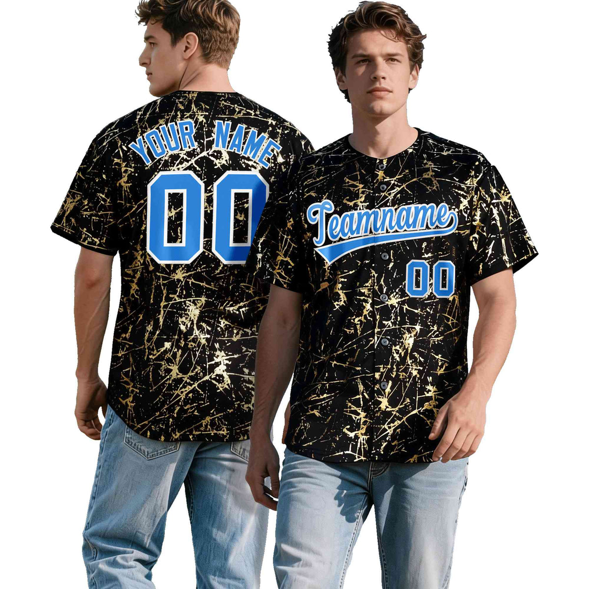 Custom Black Light Blue Shiny Gold Cracked Texture Baseball Jersey| KXKSHOP