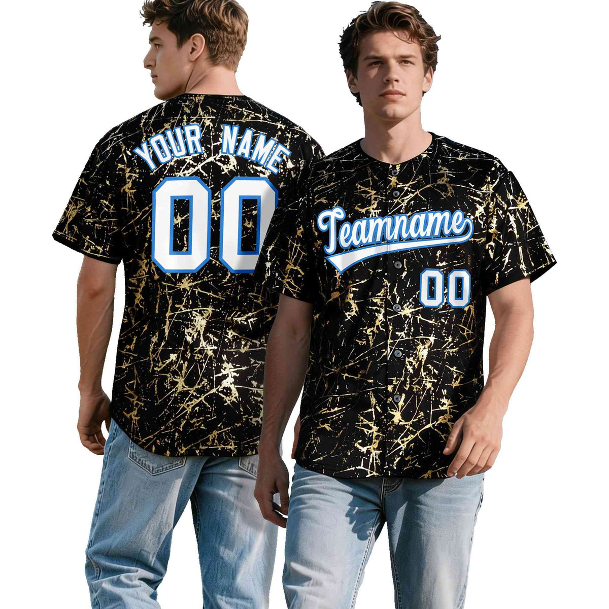 Custom Black White Black&amp;Shiny Gold Cracked Foil Hip Hop Button Down Baseball Jersey| KXKSHOP