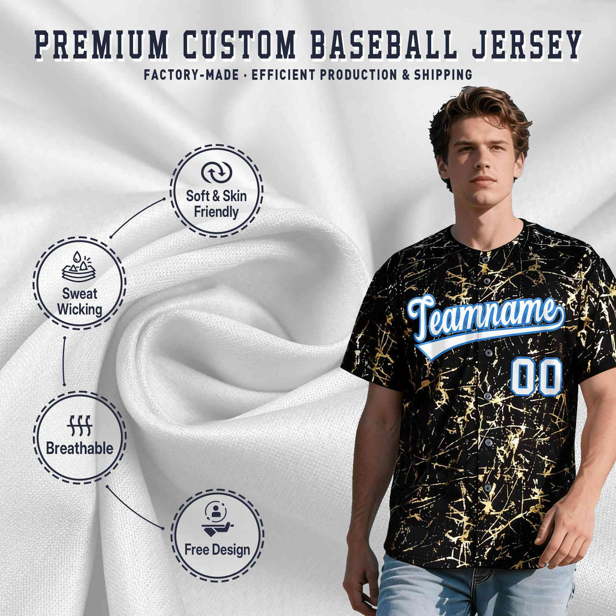 Custom Black White Black&amp;Shiny Gold Cracked Foil Hip Hop Button Down Baseball Jersey| KXKSHOP