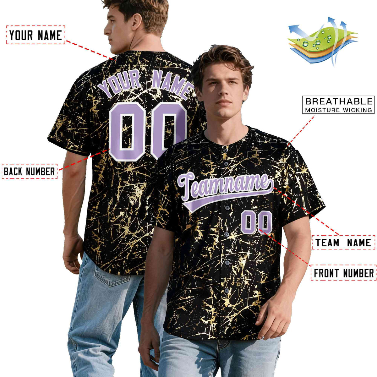 Custom Black Light Purple Metallic Gold Splatter Breathable&amp;Wrinkle-Resistant Baseball Jersey| KXKSHOP