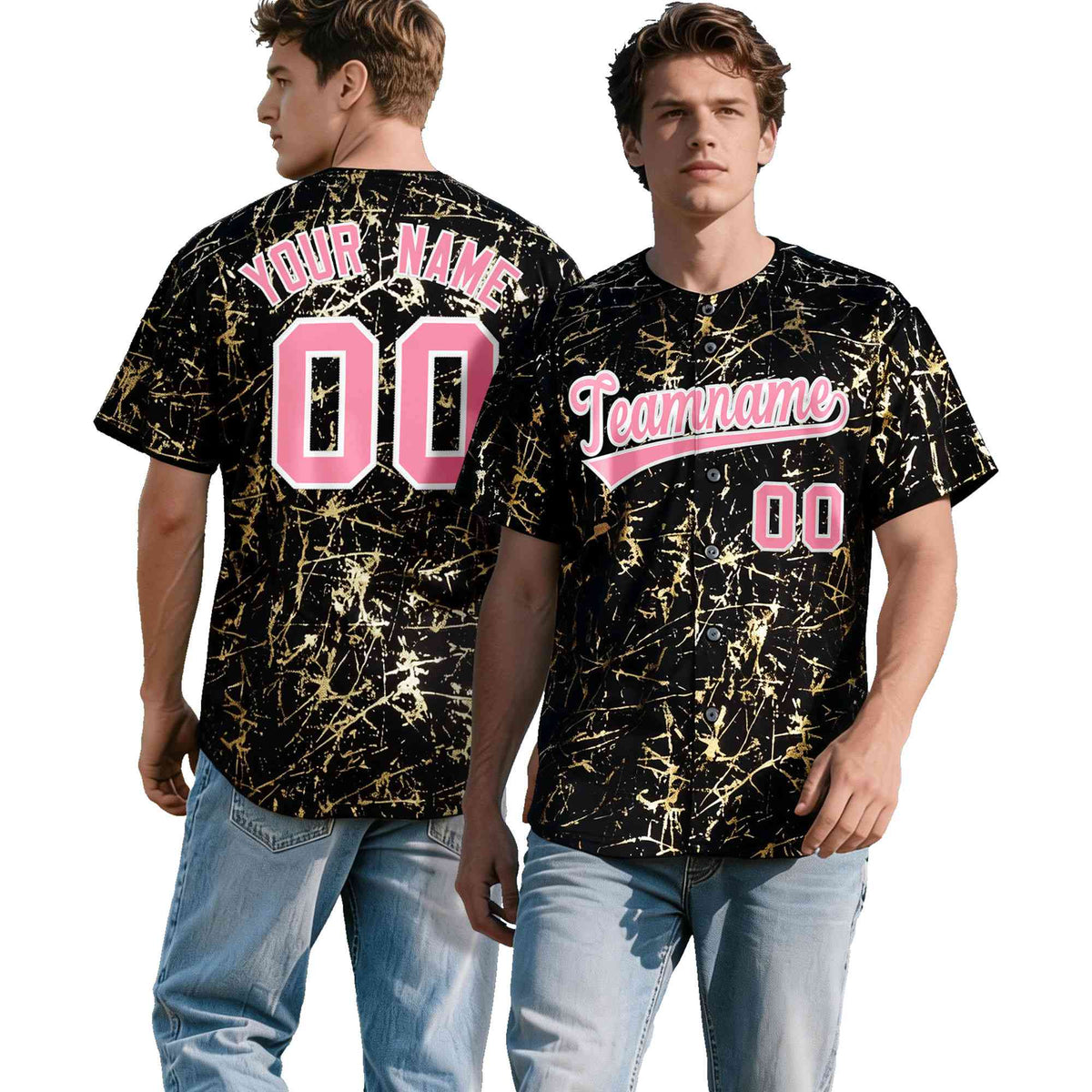 Custom Black Light Pink Metallic Gold Splatter Urban Streetwear Baseball Jersey| KXKSHOP