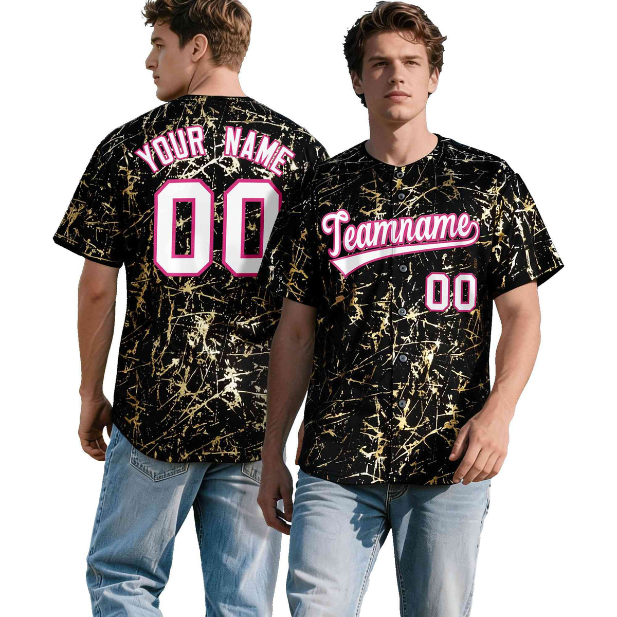 Custom Black White Black&amp;Shiny Gold Cracked Foil Hip Hop Button Down Baseball Jersey| KXKSHOP