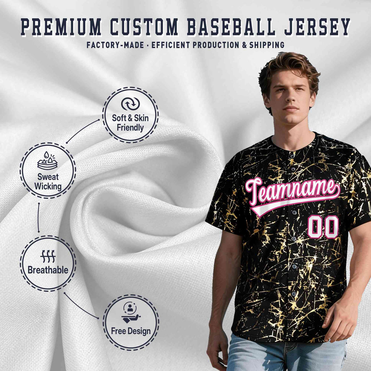 Custom Black White Black&amp;Shiny Gold Cracked Foil Hip Hop Button Down Baseball Jersey| KXKSHOP