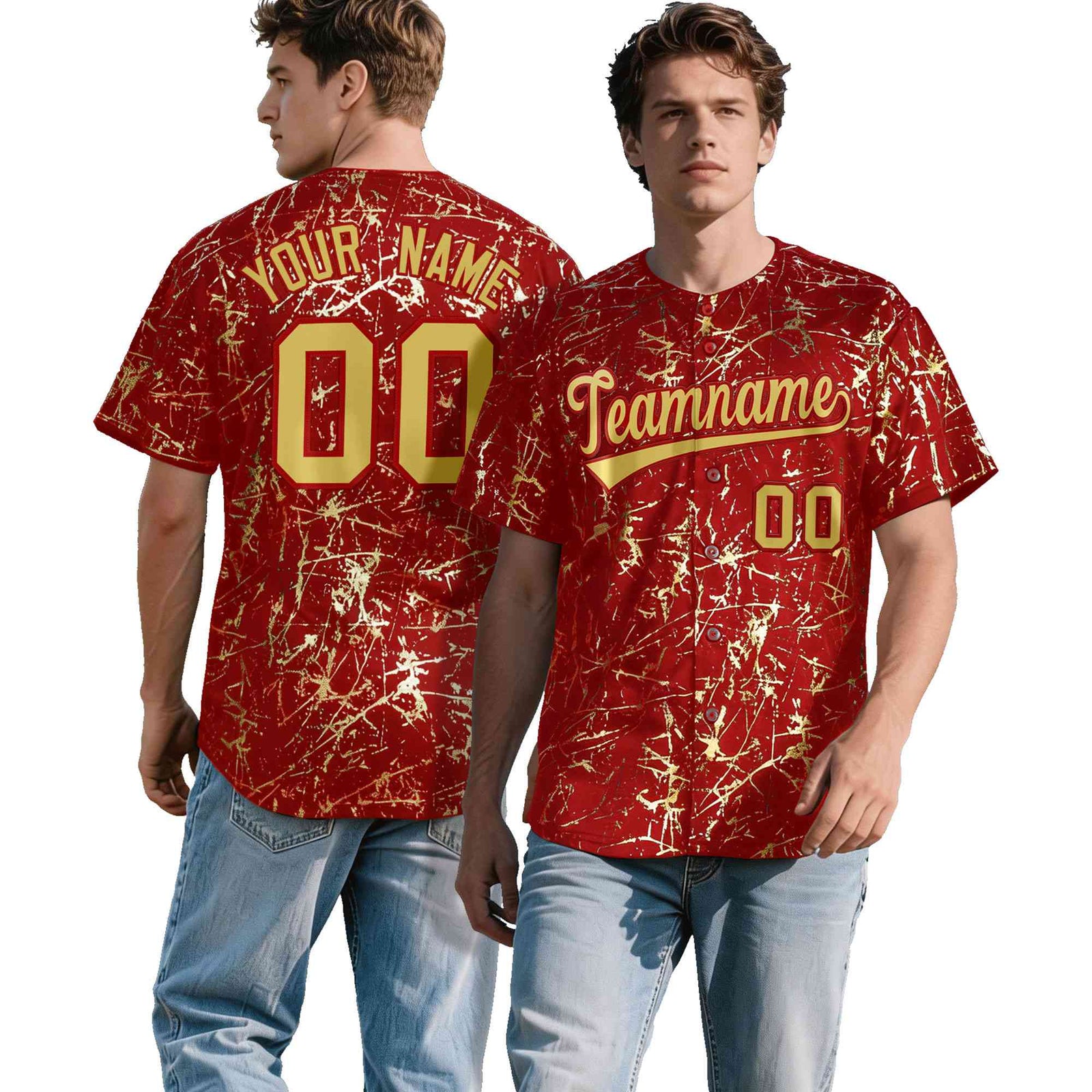 Custom Red Old Gold Black&Gold Marble Print Clubwear Party Streetwear Baseball Jersey| KXKSHOP