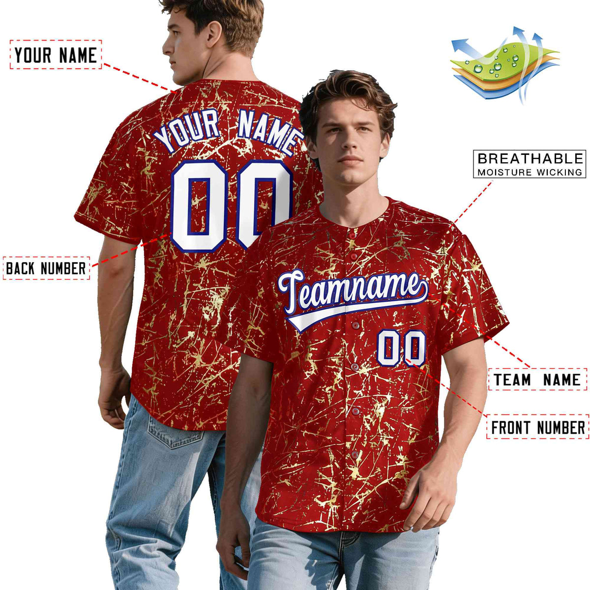 Custom Red White Black&amp;Shiny Gold Cracked Foil Hip Hop Button Down Baseball Jersey| KXKSHOP