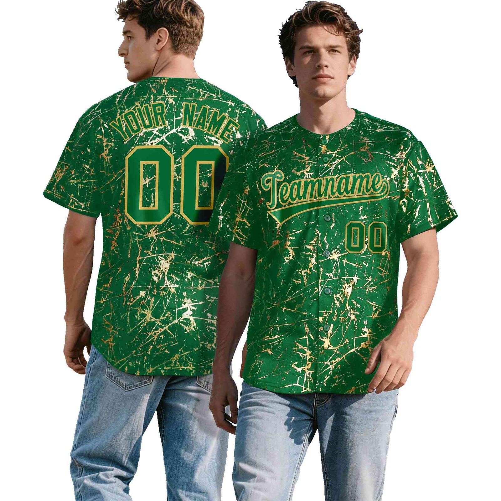 Custom Kelly Green Old Gold Shiny Gold Cracked Texture Baseball Jersey| KXKSHOP