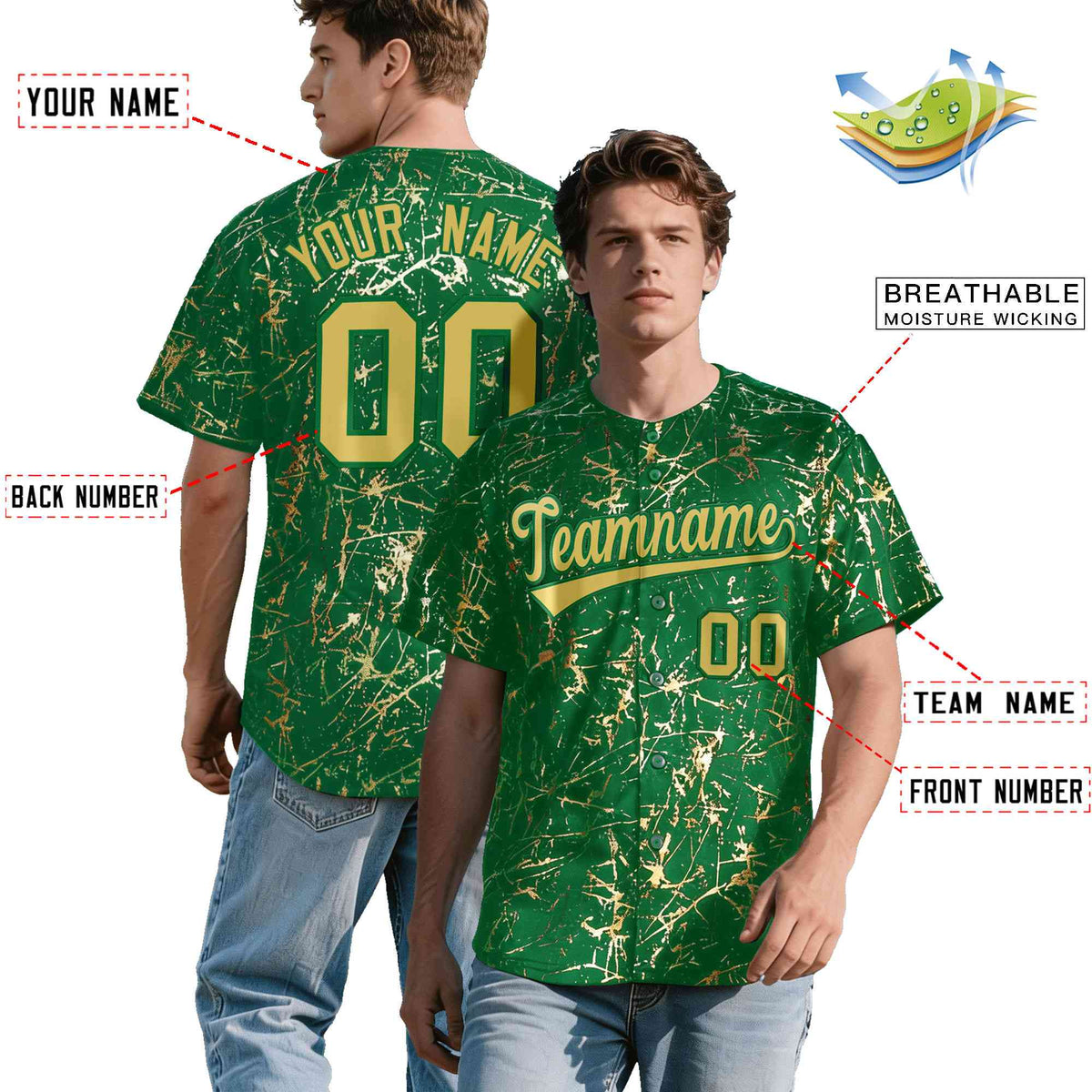 Custom Kelly Green Old Gold Black&amp;Shiny Gold Cracked Foil Hip Hop Button Down Baseball Jersey| KXKSHOP