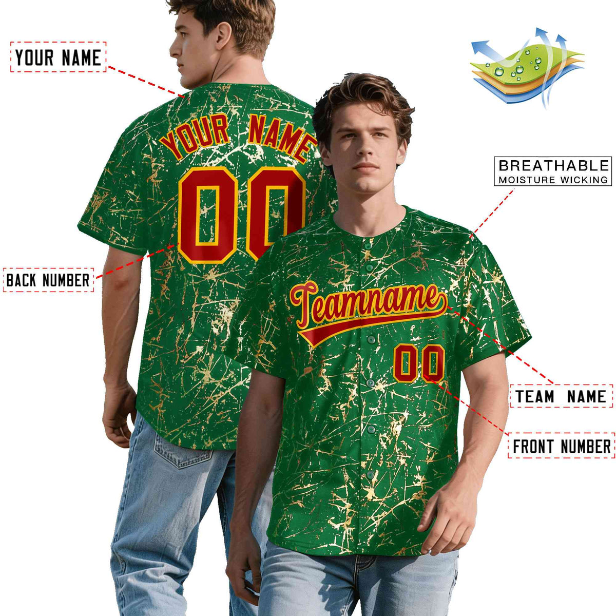 Custom Kelly Green Red Metallic Gold Splatter Breathable&amp;Wrinkle-Resistant Baseball Jersey| KXKSHOP