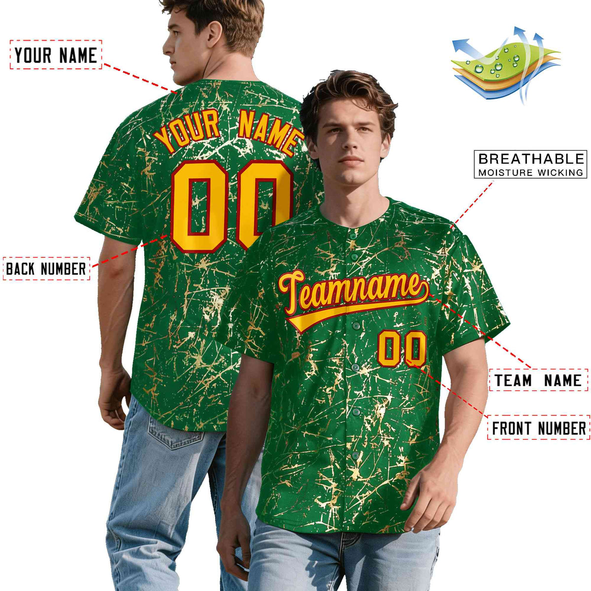 Custom Kelly Green Yellow Black&amp;Gold Marble Print Clubwear Party Streetwear Baseball Jersey| KXKSHOP