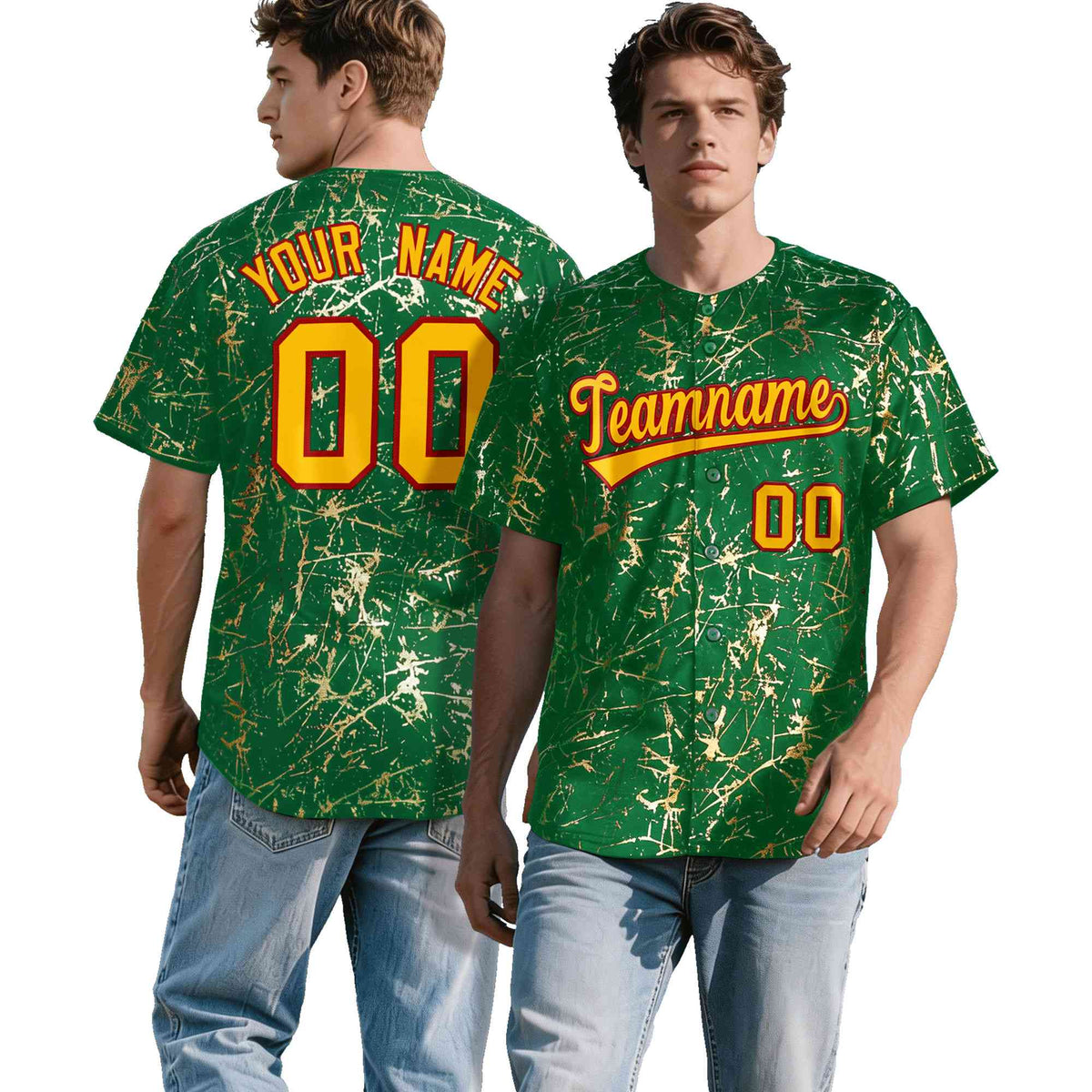 Custom Kelly Green Yellow Black&amp;Gold Marble Print Clubwear Party Streetwear Baseball Jersey| KXKSHOP