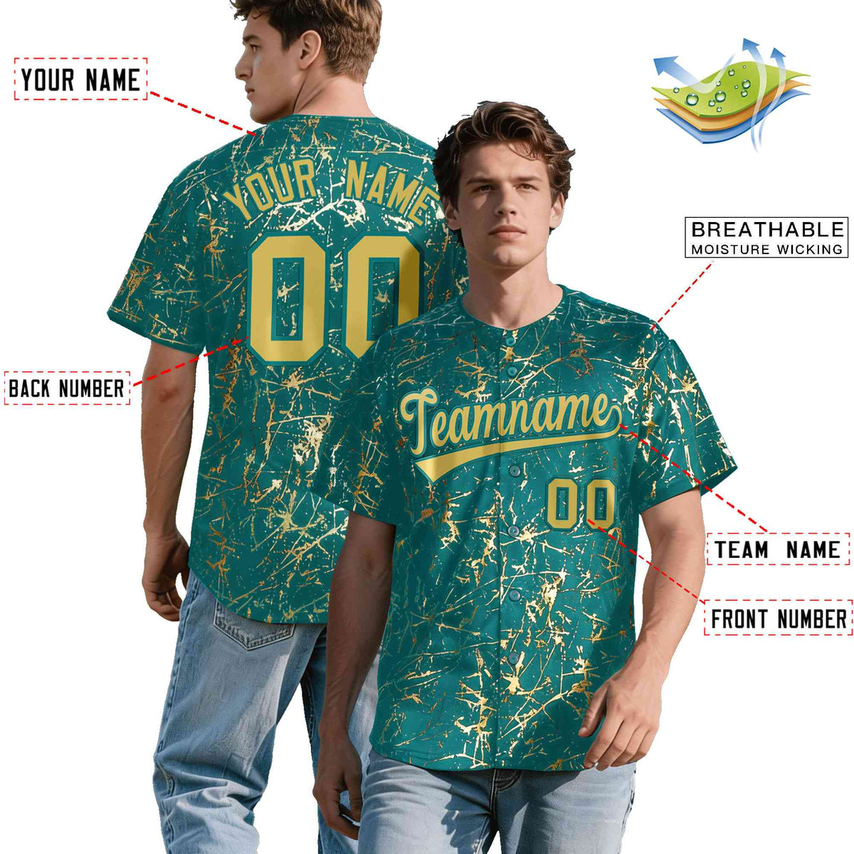 Custom Teal Old Gold Black&amp;Shiny Gold Cracked Foil Hip Hop Button Down Baseball Jersey| KXKSHOP