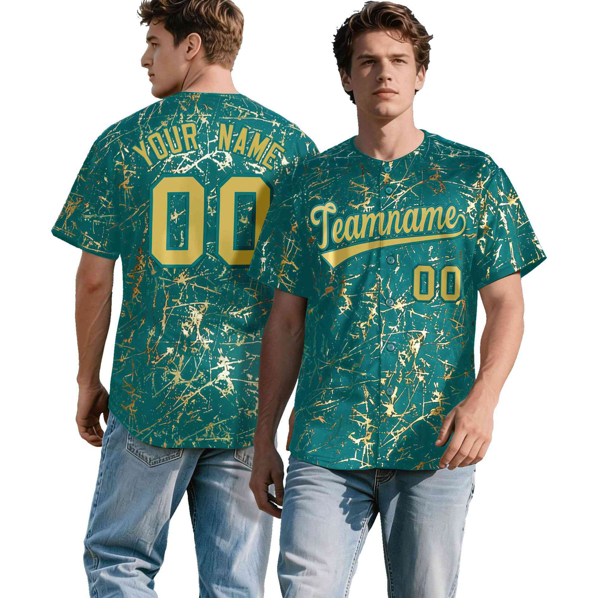 Custom Teal Old Gold Black&amp;Shiny Gold Cracked Foil Hip Hop Button Down Baseball Jersey| KXKSHOP