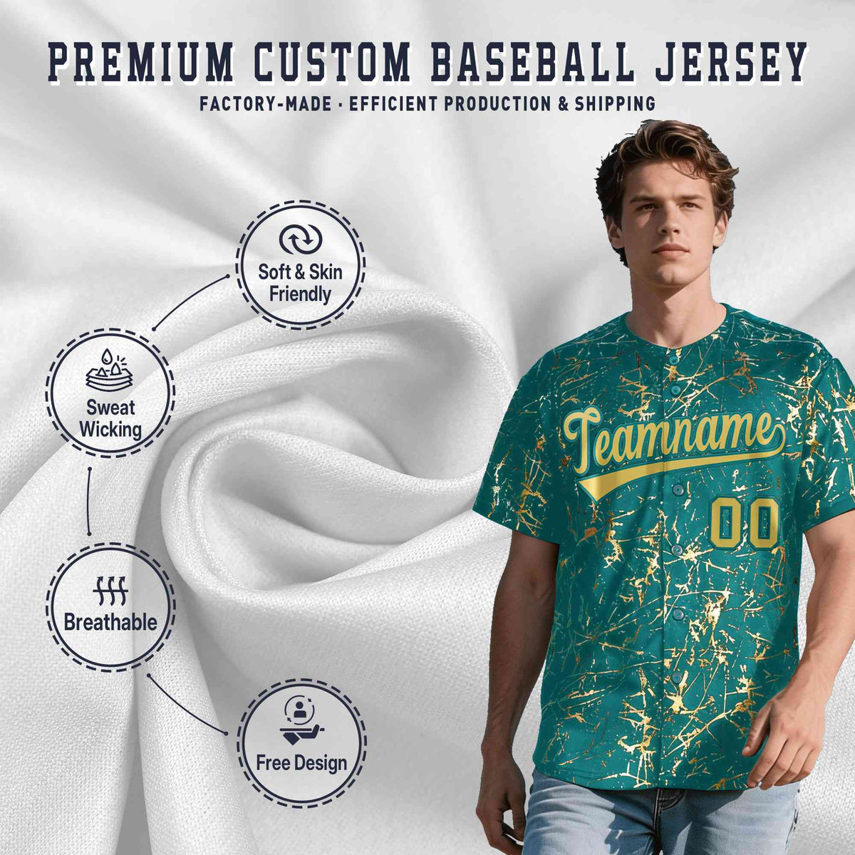 Custom Teal Old Gold Black&amp;Shiny Gold Cracked Foil Hip Hop Button Down Baseball Jersey| KXKSHOP
