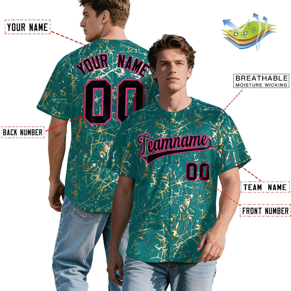 Custom Teal Black Metallic Gold Splatter Breathable&amp;Wrinkle-Resistant Baseball Jersey| KXKSHOP