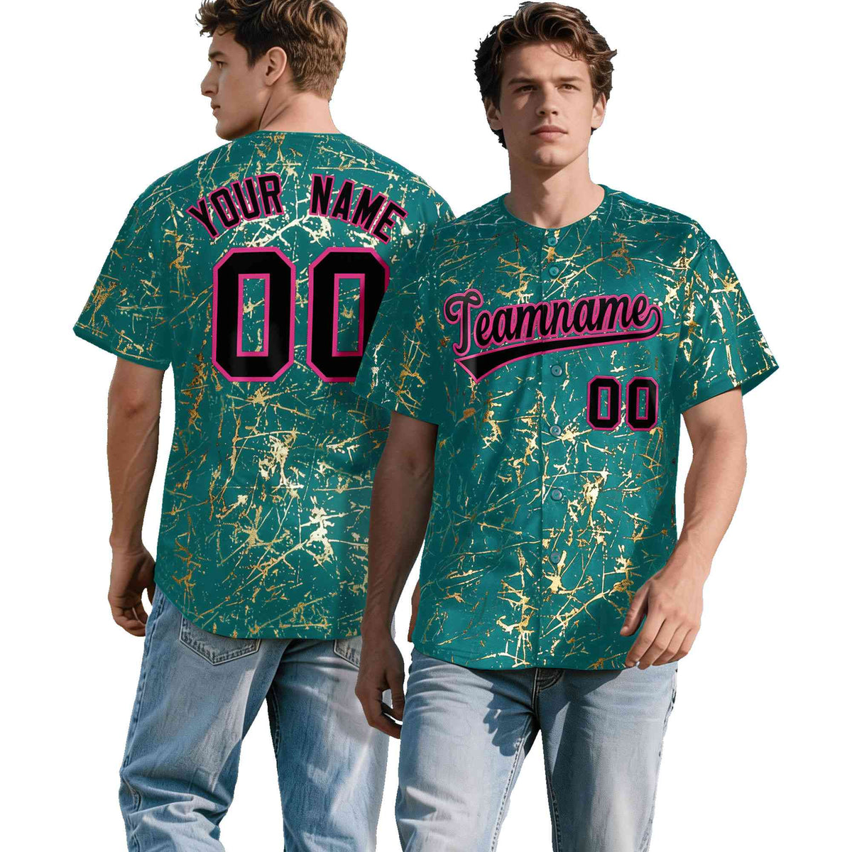 Custom Teal Black Metallic Gold Splatter Breathable&amp;Wrinkle-Resistant Baseball Jersey| KXKSHOP