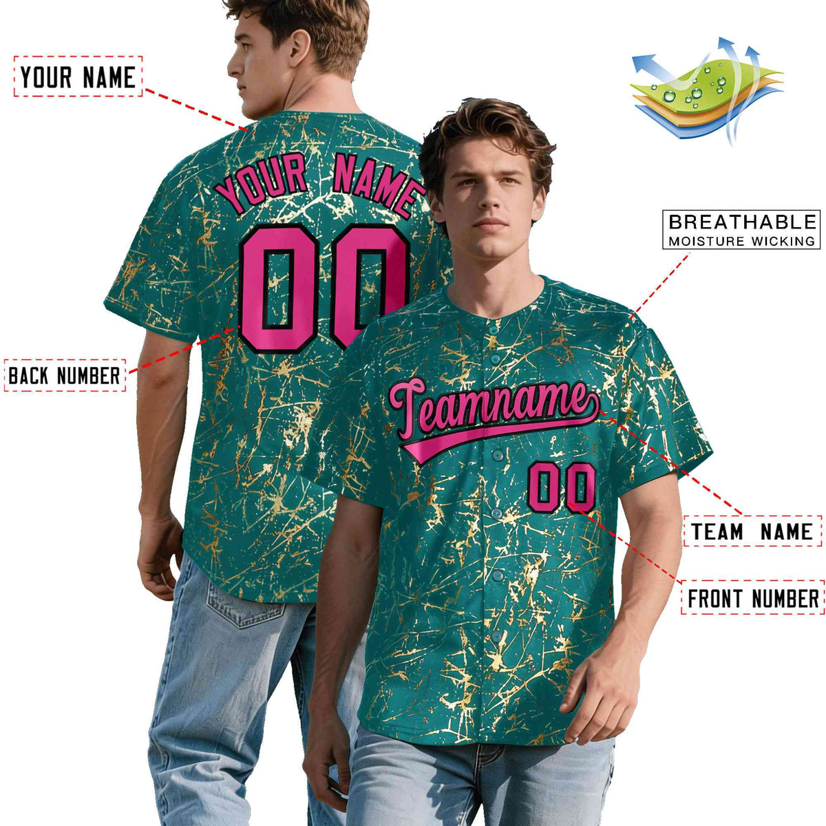 Custom Teal Rose Red Black&amp;Gold Marble Print Clubwear Party Streetwear Baseball Jersey| KXKSHOP