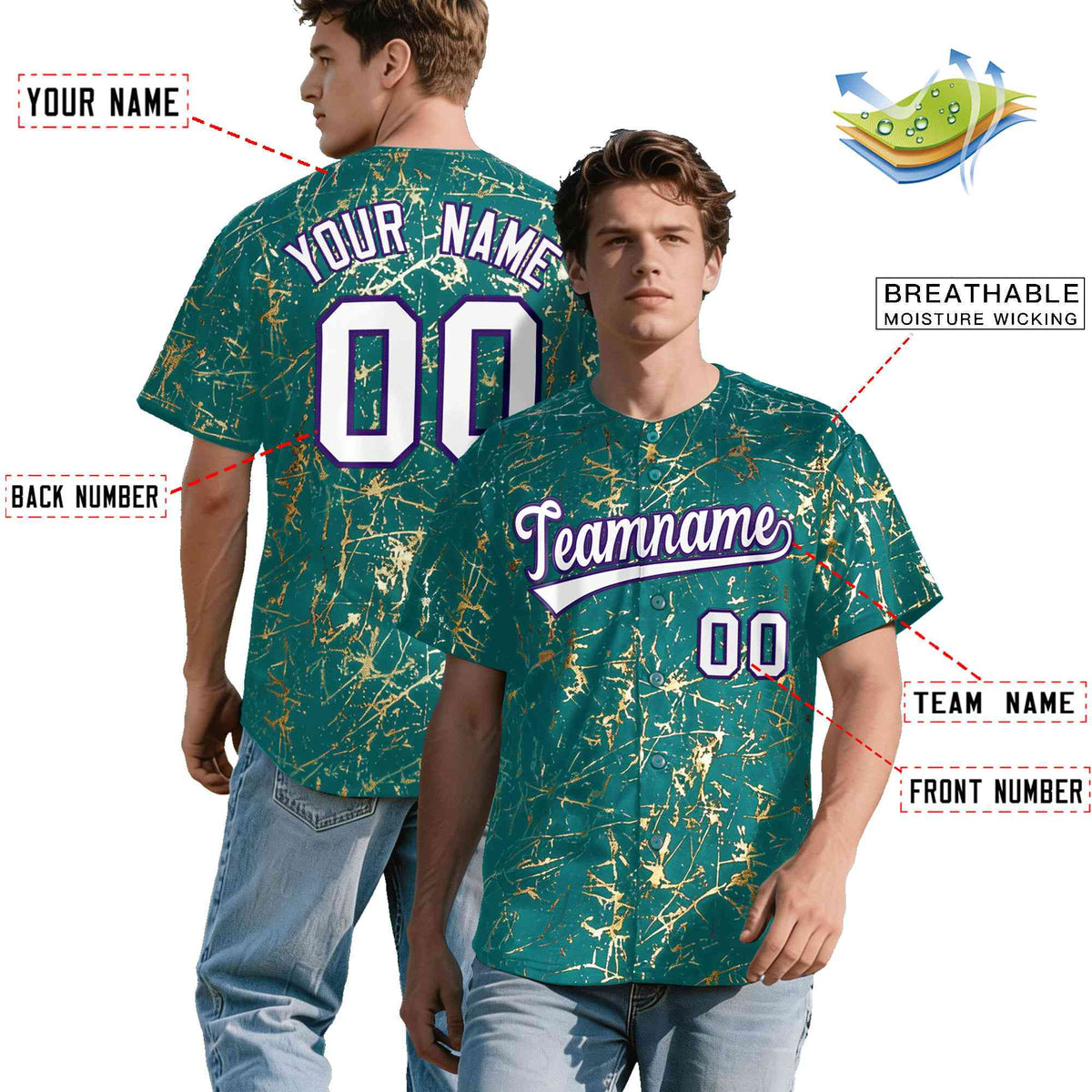 Custom Teal White Black&amp;Shiny Gold Cracked Foil Breathable Mesh Streetwear Baseball Jersey| KXKSHOP