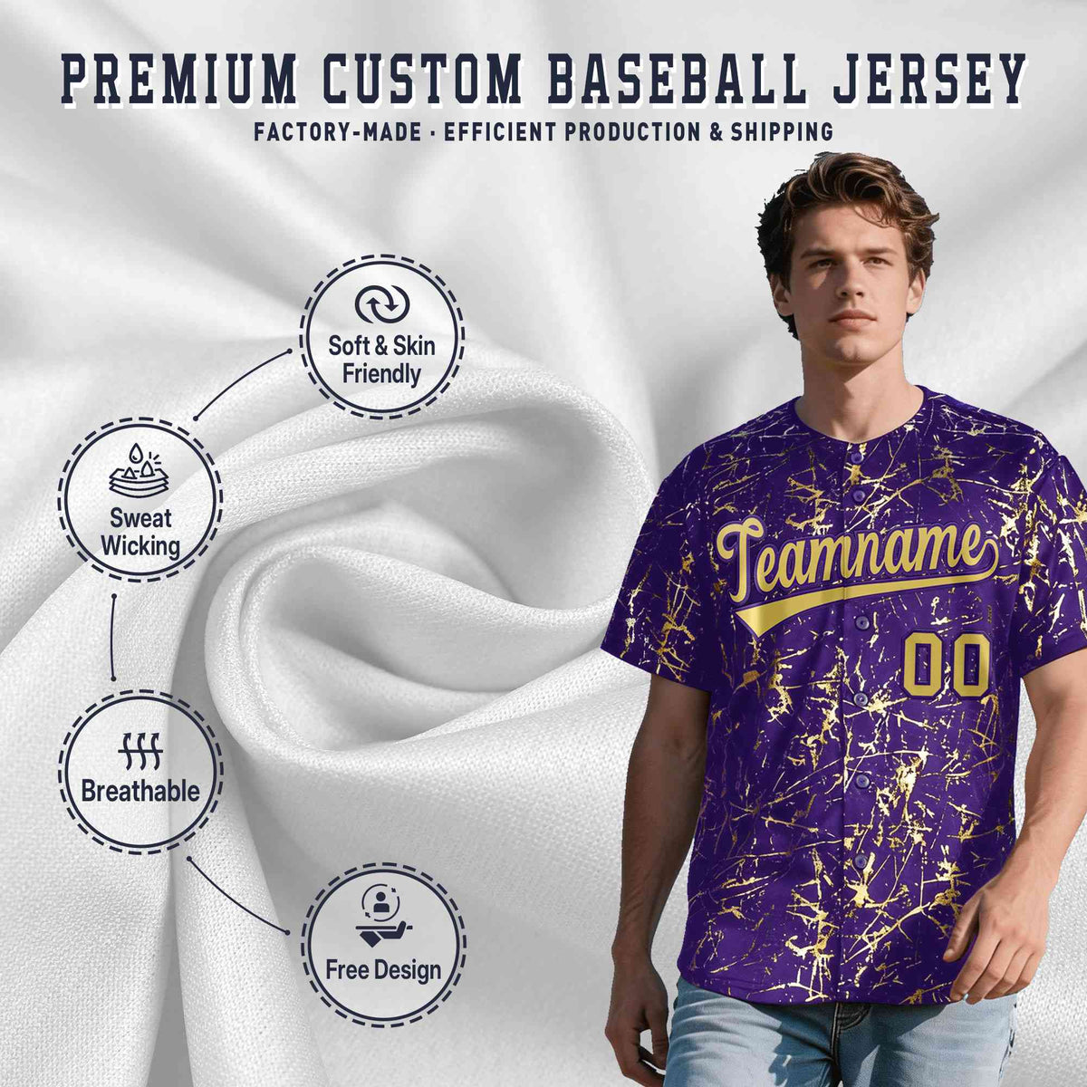 Custom Purple Old Gold Black&amp;Shiny Gold Cracked Foil Hip Hop Button Down Baseball Jersey| KXKSHOP