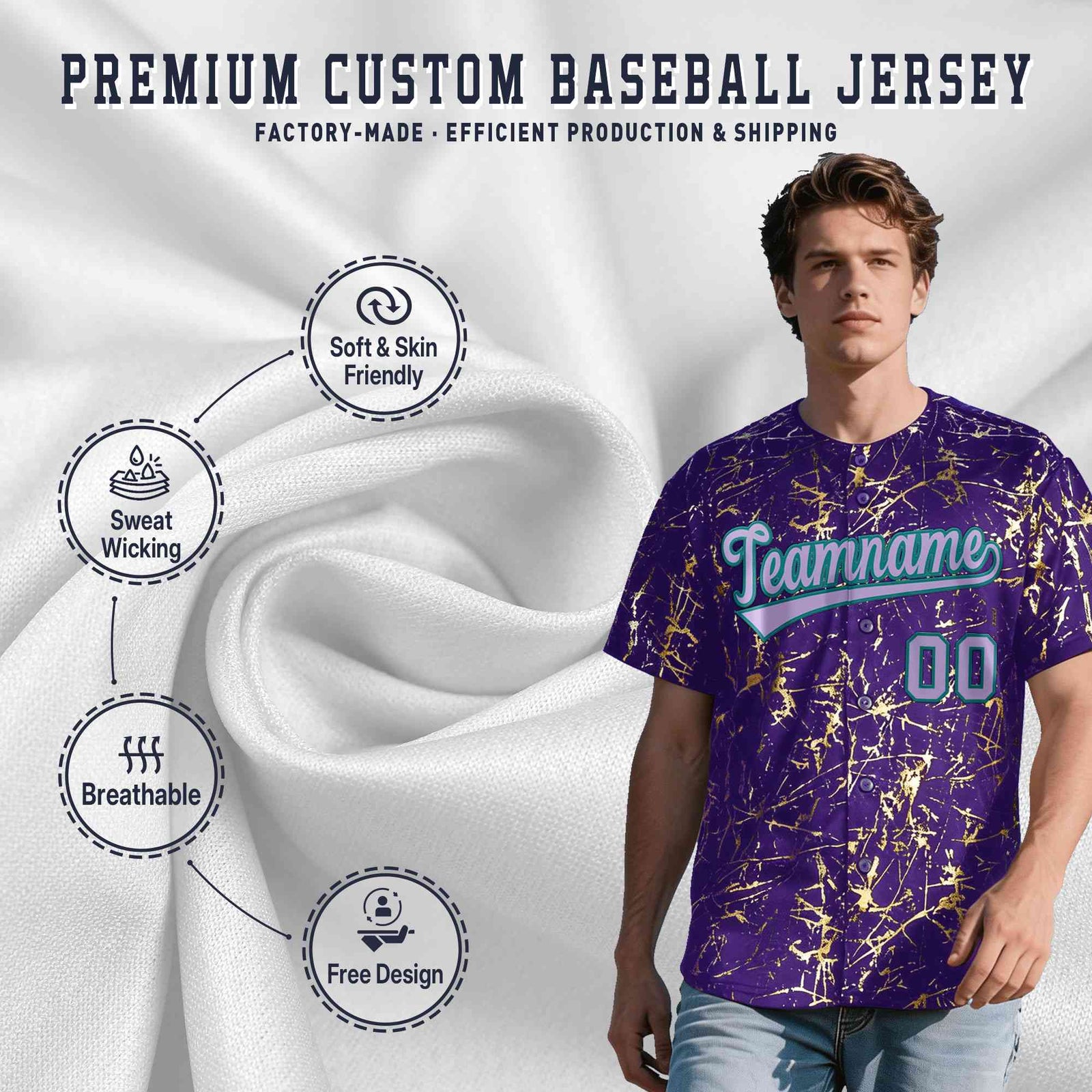 Custom Purple Light Purple Metallic Gold Splatter Breathable&Wrinkle-Resistant Baseball Jersey| KXKSHOP
