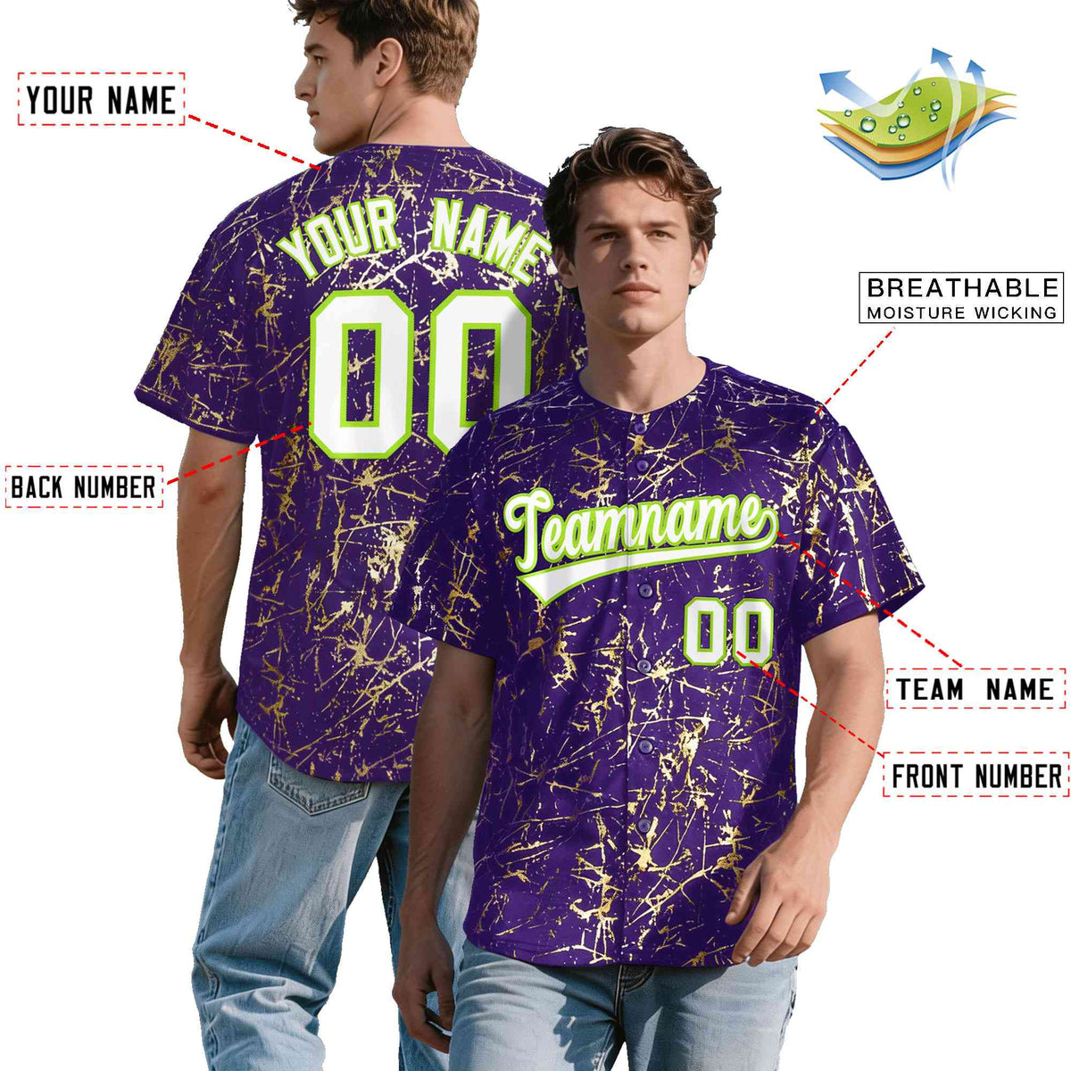 Custom Purple White Black&amp;Shiny Gold Cracked Foil Breathable Mesh Streetwear Baseball Jersey| KXKSHOP