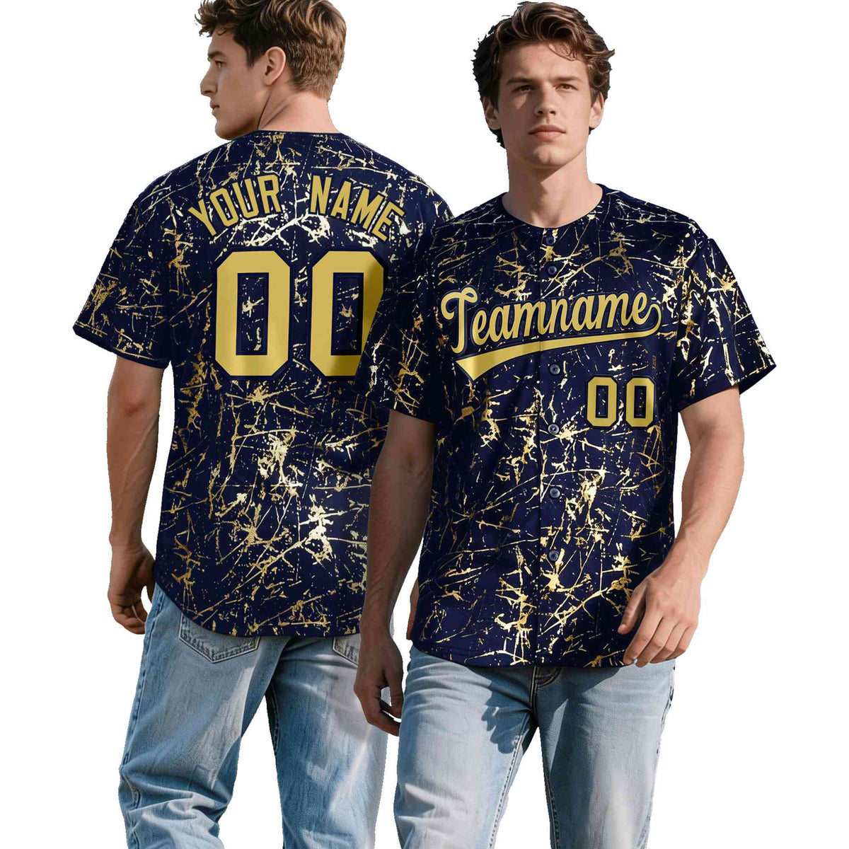 Custom Navy Old Gold Black&amp;Shiny Gold Cracked Foil Hip Hop Button Down Baseball Jersey| KXKSHOP