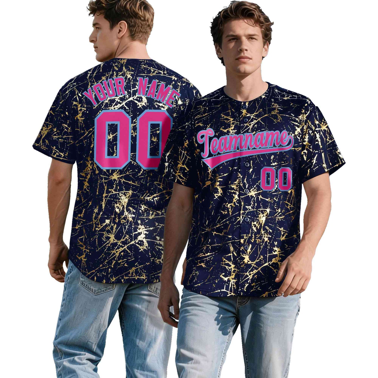 Custom Navy Rose Red Metallic Gold Splatter Breathable&Wrinkle-Resistant Baseball Jersey| KXKSHOP