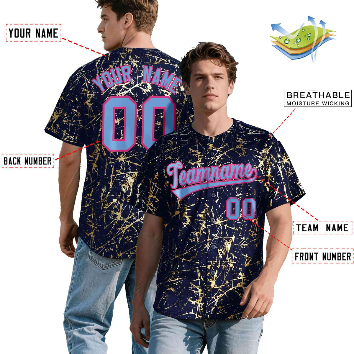 Custom Navy Powder Blue Black&amp;Gold Marble Print Clubwear Party Streetwear Baseball Jersey| KXKSHOP