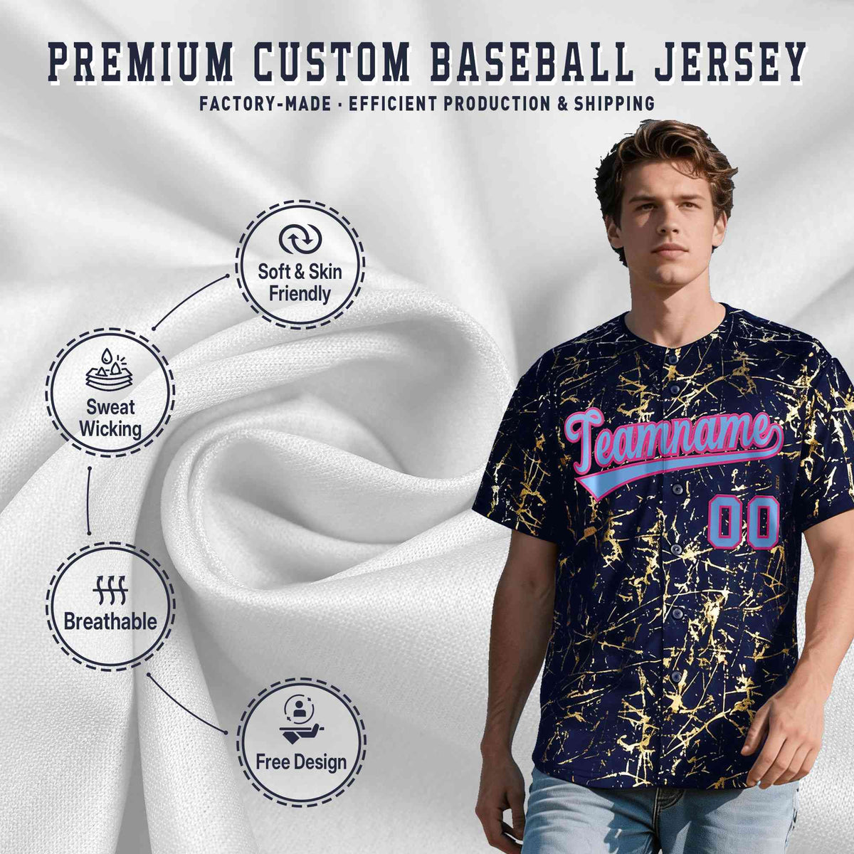 Custom Navy Powder Blue Black&amp;Gold Marble Print Clubwear Party Streetwear Baseball Jersey| KXKSHOP