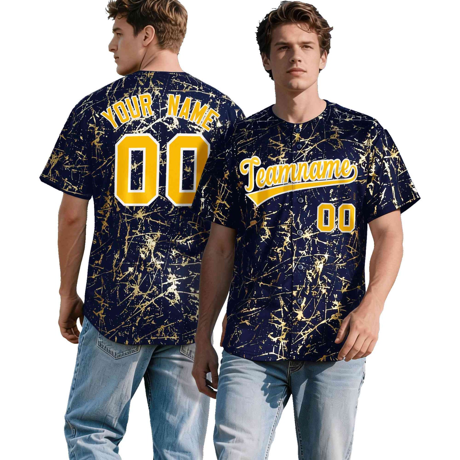 Custom Navy Yellow Metallic Gold Splatter Urban Streetwear Baseball Jersey| KXKSHOP